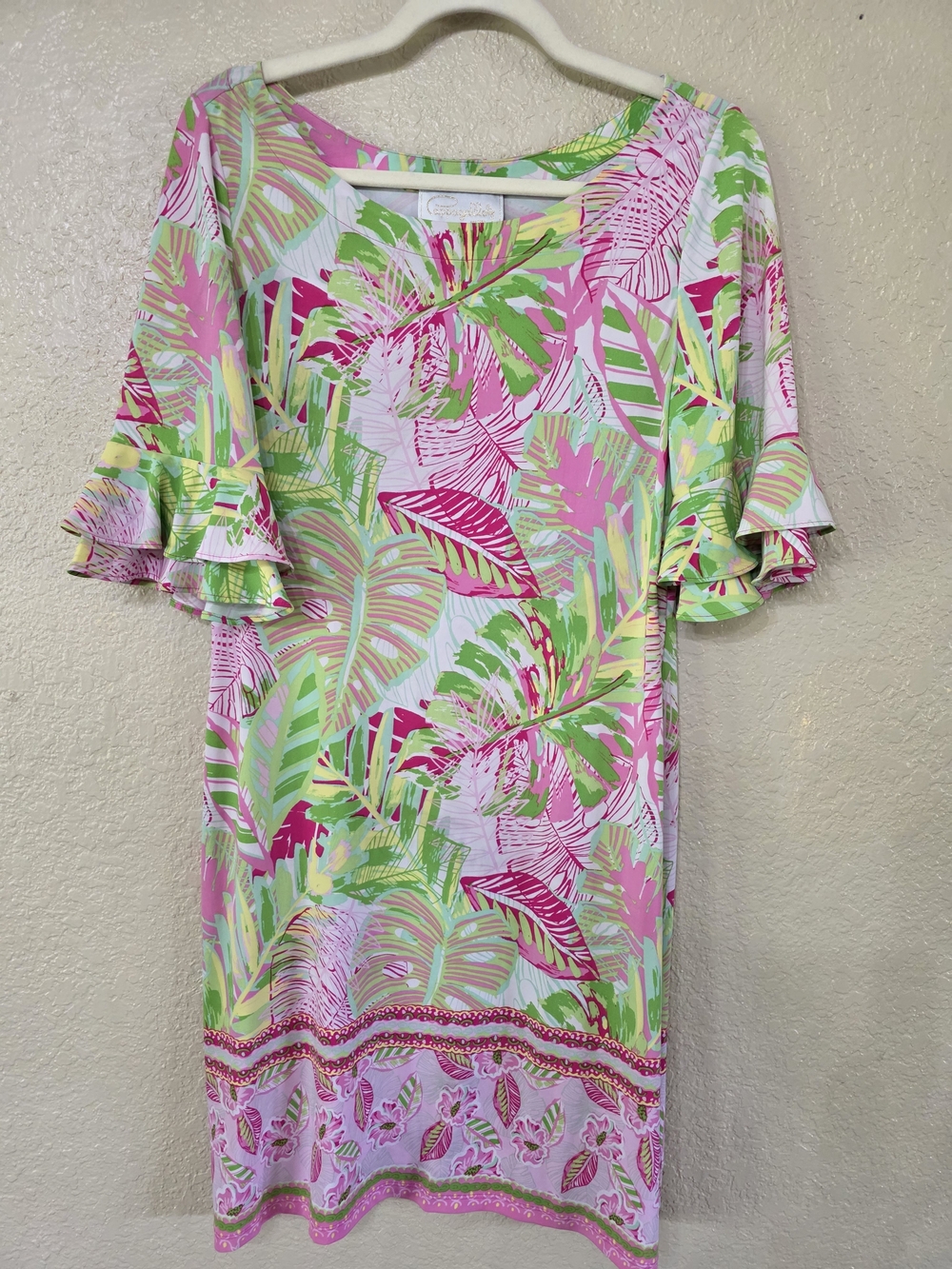 Pappagallo Pink & Green Tropical Leaf Print Shift Dress With Ruffle Sleeve